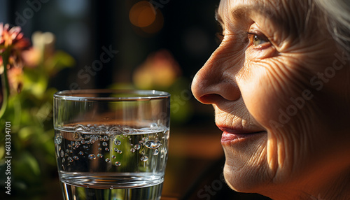 Close-up of an elderly woman's profile with a glass of water.