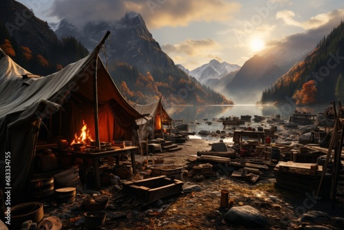 old mining camp at sunrise, with canvas tents and prospecting tools set against a breathtaking mountain backdrop, Generative AI photo