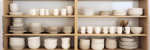 Dishes, plates and cups of beige colors carefully and neatly arranged on the sideboard shelves, space organization and tidy up concept photo