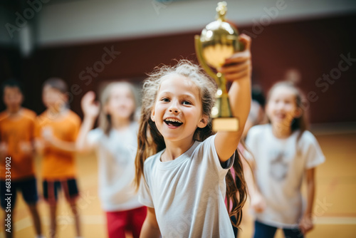 Girl with trophy celebrating victory with friends at school sports court. Winning team of sport tournament for kids children photo