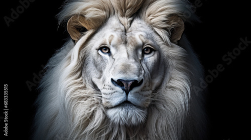 Magnificent Lion king , Portrait of majestic white lion on black background, Wildlife animal photo