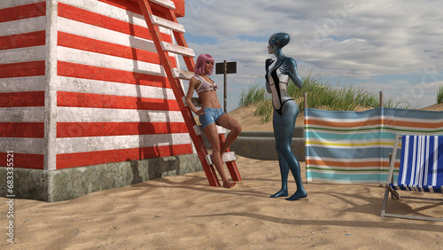 Illustration of a woman in shorts and a halter top leaning against a wood ladder on a beach talking to a blue skin alien in a black swimsuit in afternoon light.