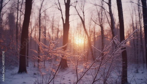Sunset in the wood in winter period. Generated AI