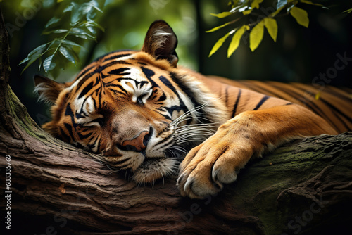 Image of tiger sleeping lying in the forest. Mammals. Wildlife Animals.