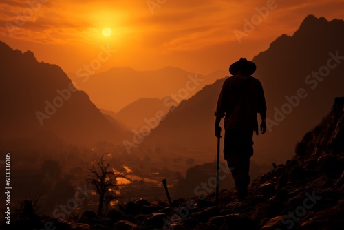 Lone gold miner silhouetted against the setting sun, their pickaxe resting on their shoulder, Generative AI photo