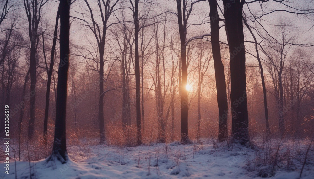 Naklejka premium Sunset in the wood in winter period. Generated AI
