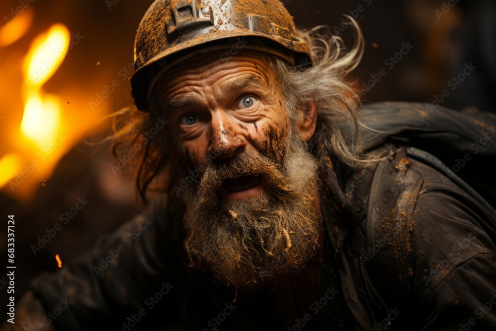 Rugged gold miner emerging from a dark mine shaft, covered in dust and holding a nugget, Generative AI