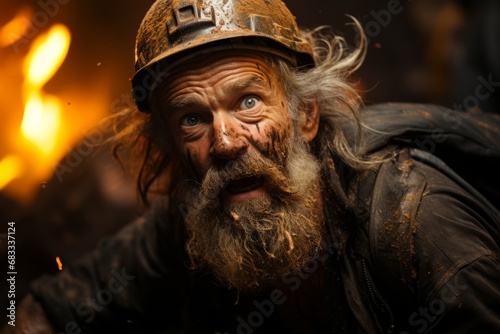 Rugged gold miner emerging from a dark mine shaft, covered in dust and holding a nugget, Generative AI