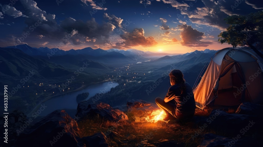 Young couple in love in the evening sitting near a tent in the mountains