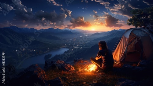 Young couple in love in the evening sitting near a tent in the mountains