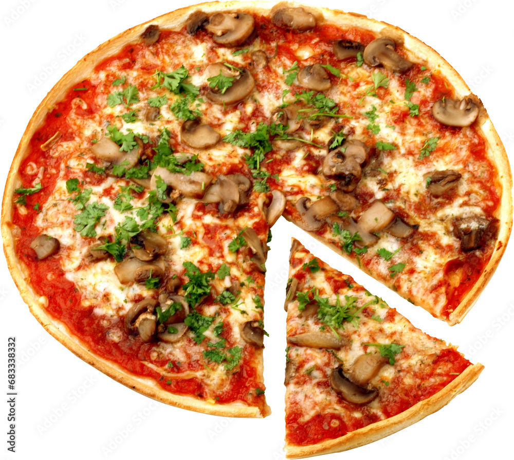 Tasty pepperoni pizza with mushrooms and olives, Pepperoni pizza on white , Delicious vegetarian pizza with champignon mushrooms, tomatoes, mozzarella, peppers and black olives, isolated on white back