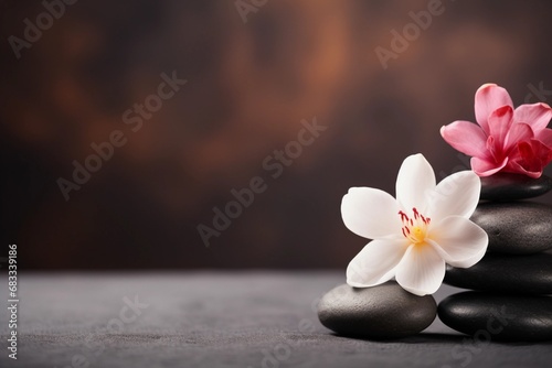 Spa background with massage stones  exotic flowers and copy space