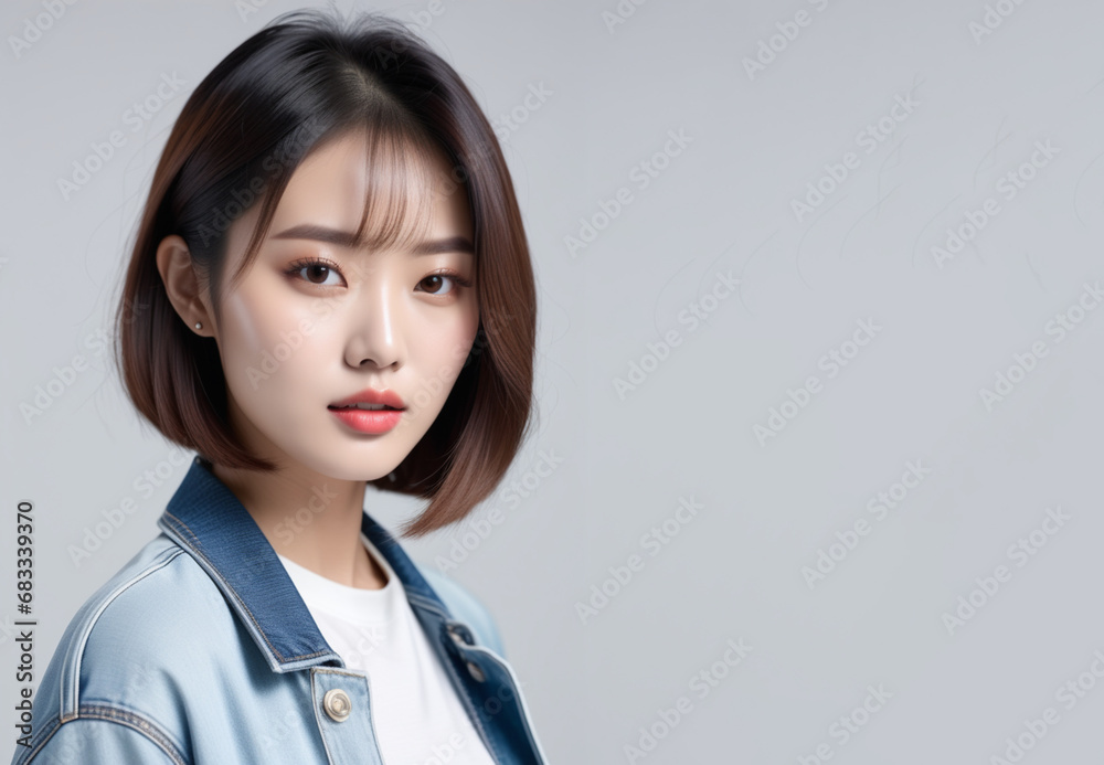 a beautiful young asian model with a straight bob hairstyle in a denim jacket against a light calm background with an empty space a beautiful young asian model with a straight bob hairstyle in a denim jacket against a light calm background with an empty space