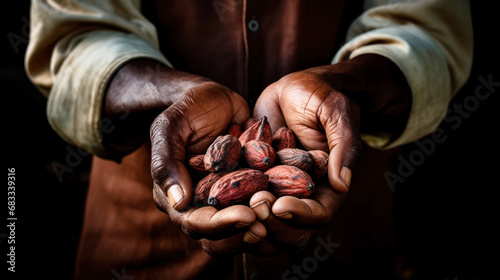Hands holding cocoa beans. Chocolate production concept.