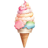 Watercolor illustration of cute kawaii pastel ice cream cone.  Creative graphics design. Super cute elements for decoration.  