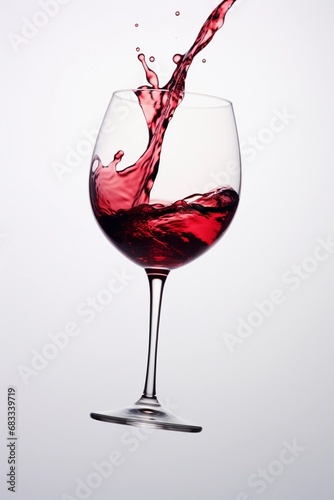 Glass of splashing red wine on light pastel background, close up view