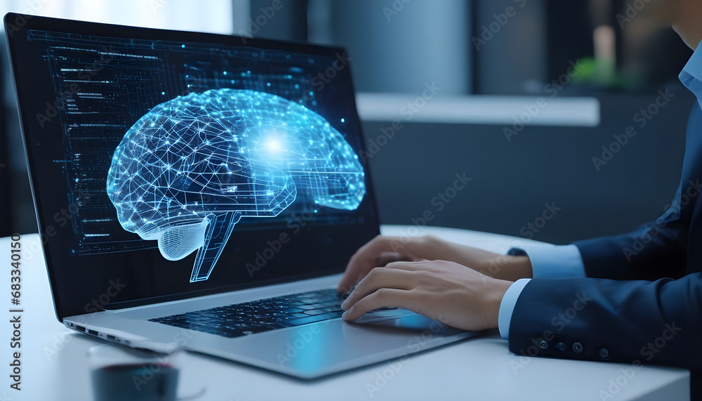 Business man hands using an hologram which projects images reffered to data analysis, coding computer language with digital brain, machine learning on a computer. Business man hands using an hologram which projects images reffered to data analysis, coding computer language with digital brain, machine learning on a computer.