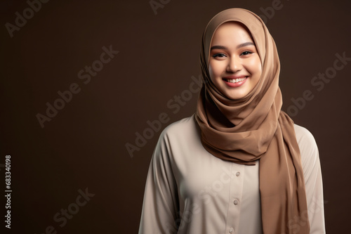 Muslim beauty. Portrait of smiling young arab woman in hijab posing with folded arms over dark brown studio background, free space