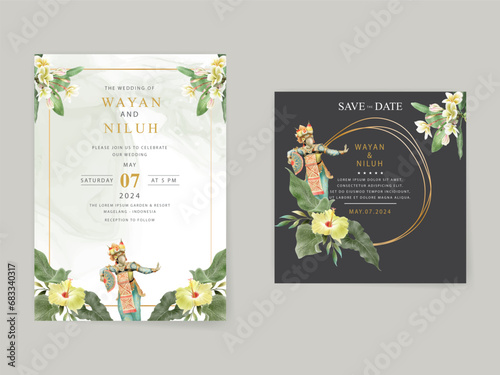 wedding invitation card template with exotic bali dancers watercolor illustration