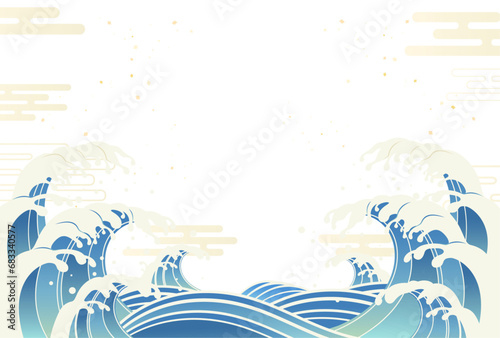 荒ぶる波しぶきの和風背景イラスト_横1