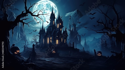 Scary gothic castle on Halloween night, haunted palace or mansion for dark blue background. Spooky view of old mystery castle and bats in full moon photo