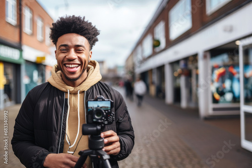 A filmmaker smiling with his camera on the street. photo