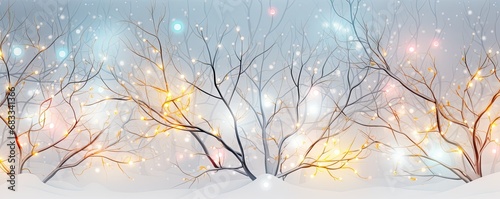 Winter wonderland. Festive christmas tree with bright bokeh lights on snowy seasonal background. Nature frosty palette. Cold winter scene with sparkling xmas trees in bright new year setting © Bussakon