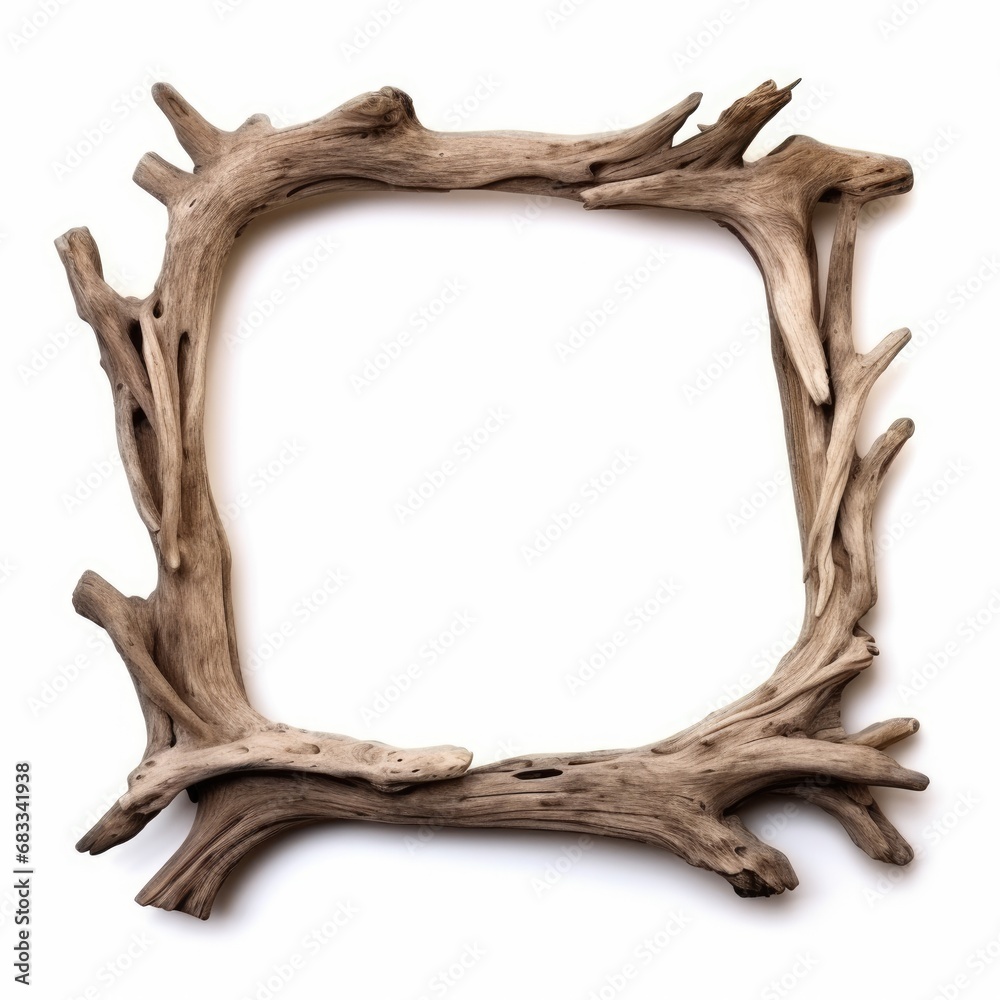 Fototapeta premium Square wooden frame from driftwood isolated on white background. Boho rustic style, top view