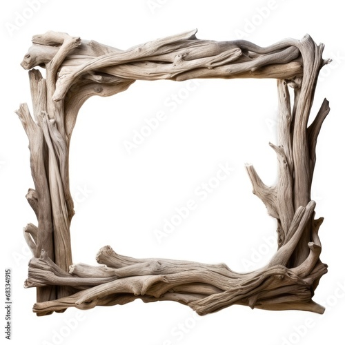 Square wooden frame from driftwood isolated on white background. Boho rustic style, top view photo