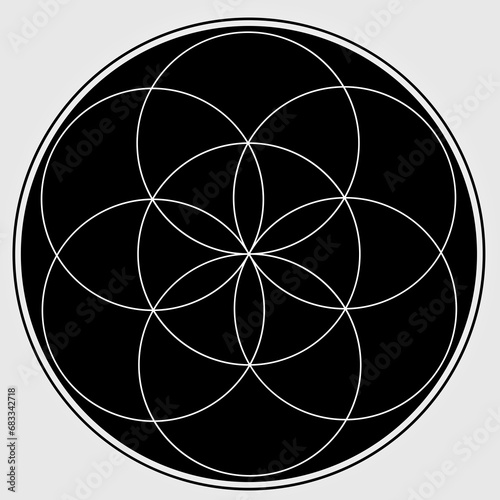 Graine De Vie Illustration Noir et Blanc Géométrie sacrée Symbole Vecteur Design Cercle Spiritualité Univers Mandala Étoile 