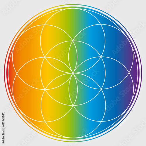 Graine de Vie Illustration Couleurs Arc-en-Ciel Géométrie sacrée Symbole Vecteur Design Cercle Spiritualité Univers Mandala Étoile 
