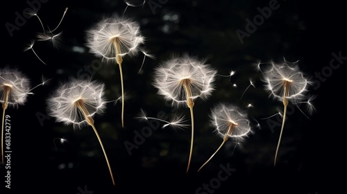 Dandelion seeds dispersed from the flower against a dark background  showing the characteristics of botany and the spread of flower growth.