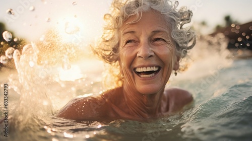 Joyful Immersion  Elderly Woman Radiant After a Refreshing Swim. Generative ai