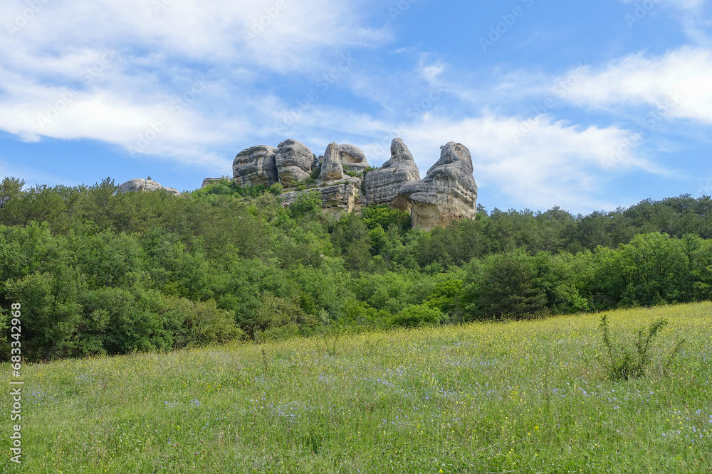 Stone sphinxes of the Karalez Valley near the village of Zalesnoye, Crimea. Sphinxes of the Karalez Valley, Bakhchisarai, Russia. Wonderful boulders are a monument of nature.