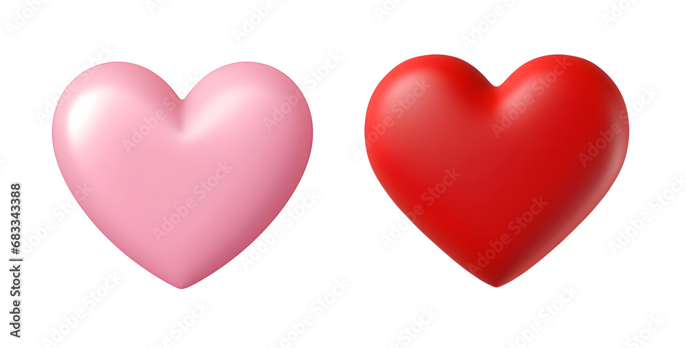 Valentine’s Day 3D Rendered Illustration: Concept Set of Pink and Red Heart Objects for Graphic Decor, Isolated on Transparent Background, PNG

