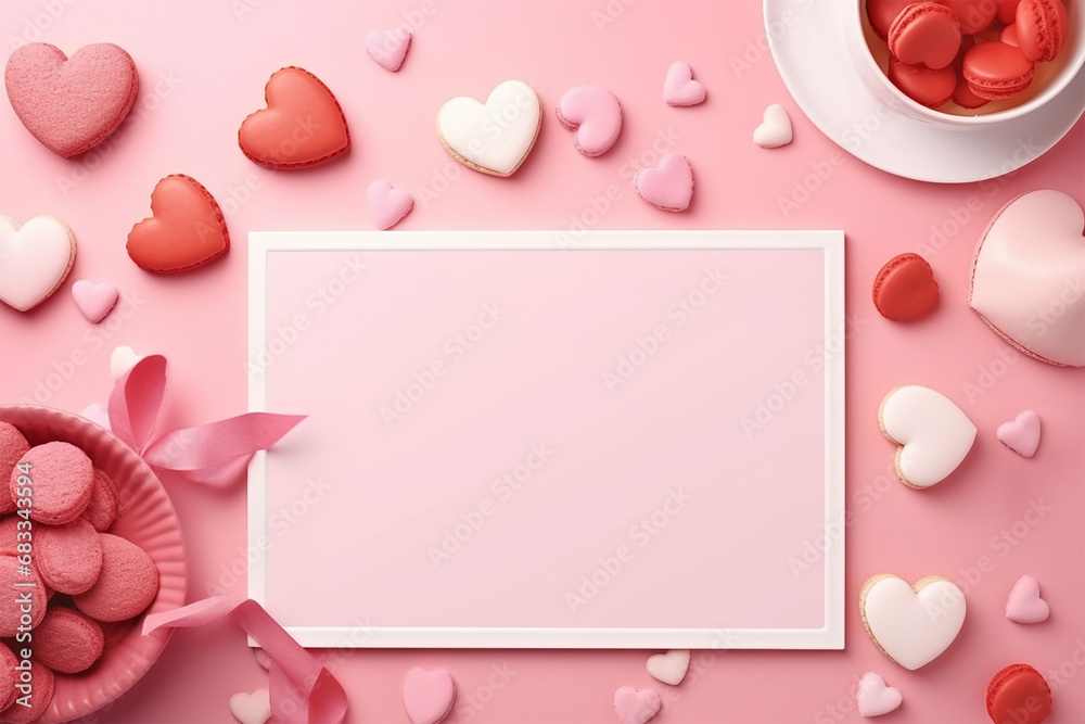Cute pink Valentine day poster mockup with bowl of macaroni cookies and hearts flat lay style