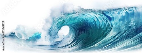 Large stormy sea wave in deep blue, isolated on white. Nature of the climate. in front, Big breaking blue ocean wave. Surfing summer wave banner, fresh and spray, white background with copyspace photo