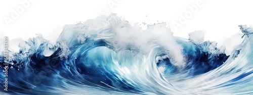 Large stormy sea wave in deep blue  isolated on white. Nature of the climate. in front  Big breaking blue ocean wave. Surfing summer wave banner  fresh and spray  white background with copyspace