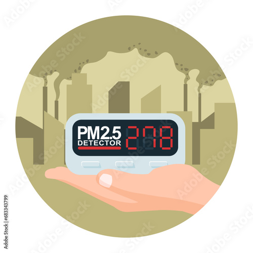 Unhealthy PM 2.5 Air pollution quality monitor device on big city background. Vector illustration cartoon flat design.