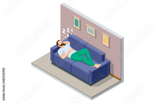 Isometric man sleeping on sofa. Tiredness and exhaustion concept