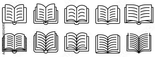 Open book icon. Set of book icons in line art style. Black outlines of various book designs