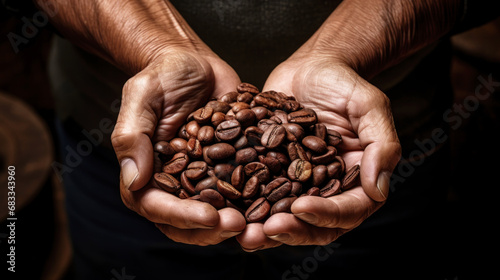 Hands holding coffee beans. Coffee production concept. 