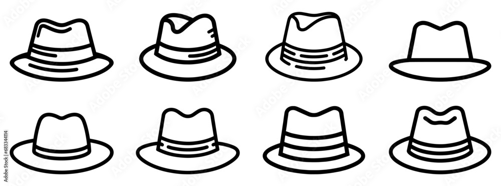 Fedora hat icon. Collection of line art drawings of various fedora hats.