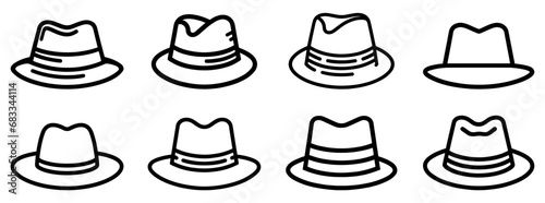 Fedora hat icon. Collection of line art drawings of various fedora hats. photo