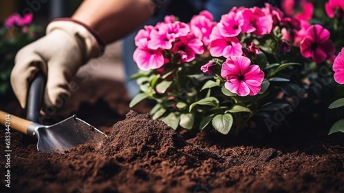 In a flower bed, the gardener uses a hand trowel to plant flowers in the dark dirt.