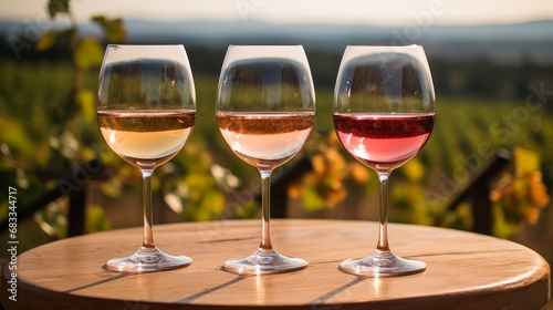 On a wooden barrel in the vineyard sit three glasses filled with white, rose, and red wine.