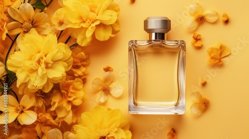 Elegant perfume bottle in top view with oud and flowers against a yellow backdrop. Concept of cosmetics, aroma, and perfumery