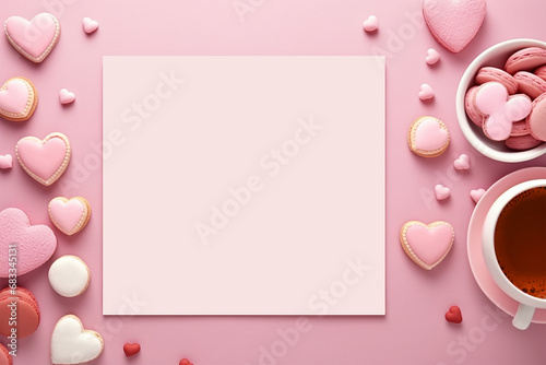 Cute pink Valentine day poster mockup with heart shaped cookies and coffee flat lay style