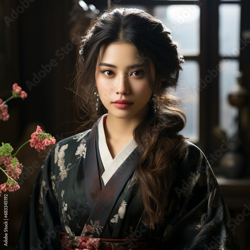 young pretty asian woman in traditional japanese kimono,Generative AI