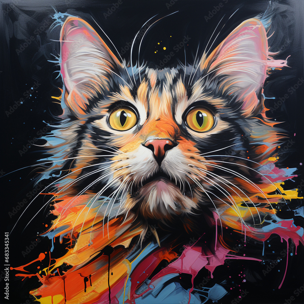 Colorful portrait of a cat with colorful splashes on a black background,Generative AI